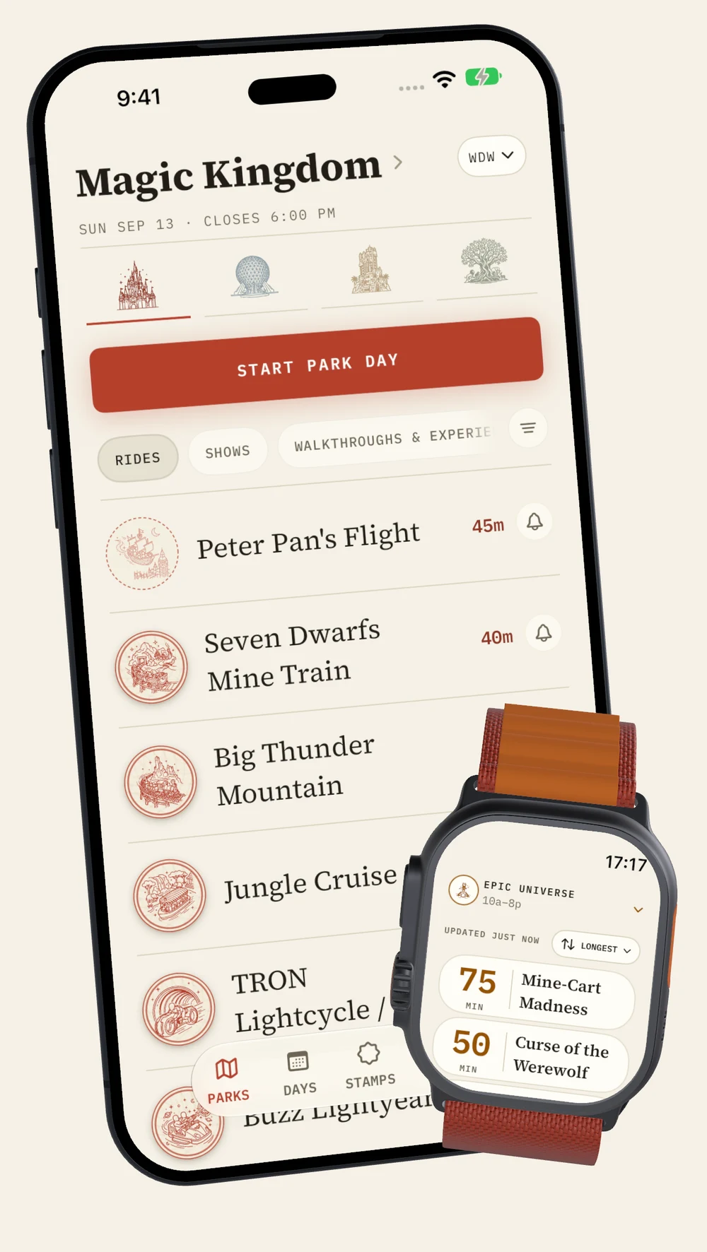 Parky's Magic Kingdom live wait board on iPhone